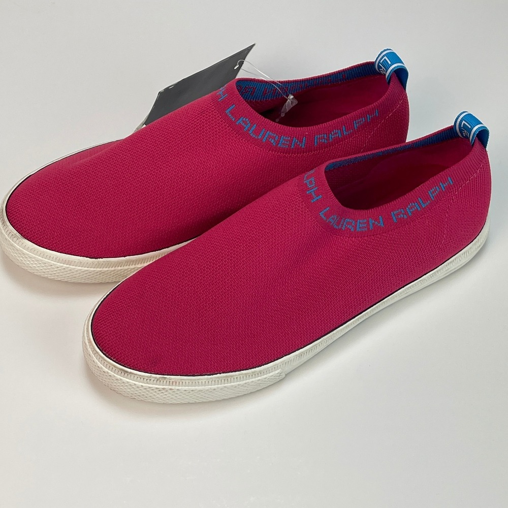 NWT Lauren Ralph Lauren Jordyn SK Knit Slip On Sneakers Womens Size 6 Pink Blue